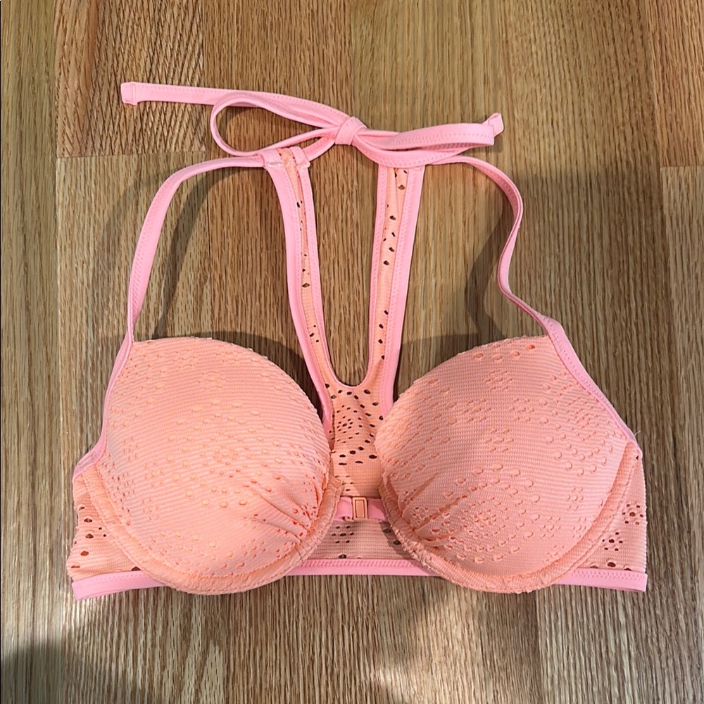 Aerie Lightly Lined Neon Orange Lace Halter Bikini Top - Size 34B